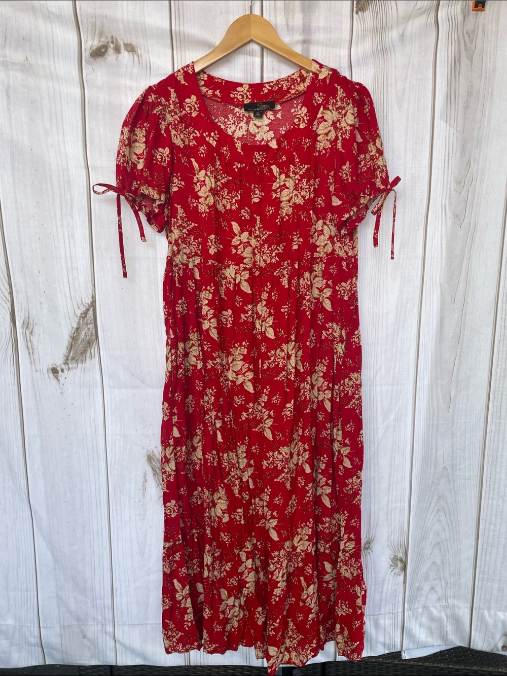 Suzanne Betro Red Cream Tan Floral Maxi Dress Gathered Tie Sleeve Misses XL NEW